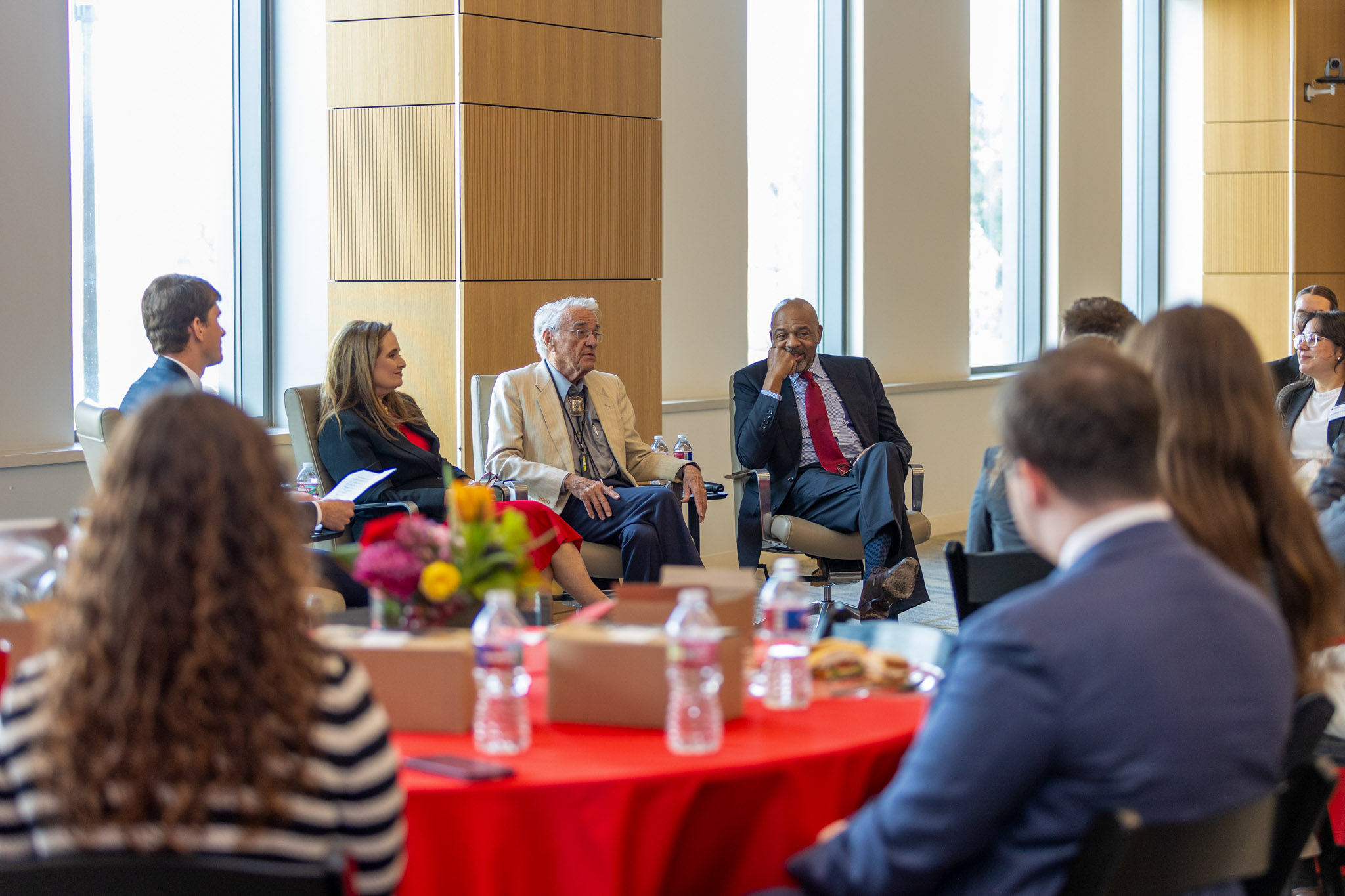The three Fifth Circuit judges speak with University of Houston Law Center student leaders during a lunch-hour conversation on the second day of their visit.